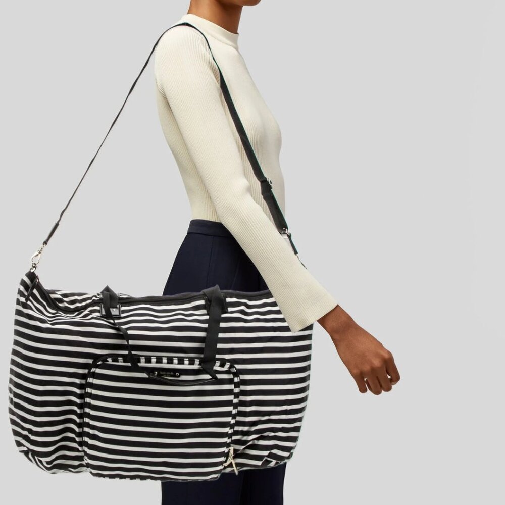 Kate Spade New York Bon Voyage Foldable Travel Duffle Bag – Black & White Stripe